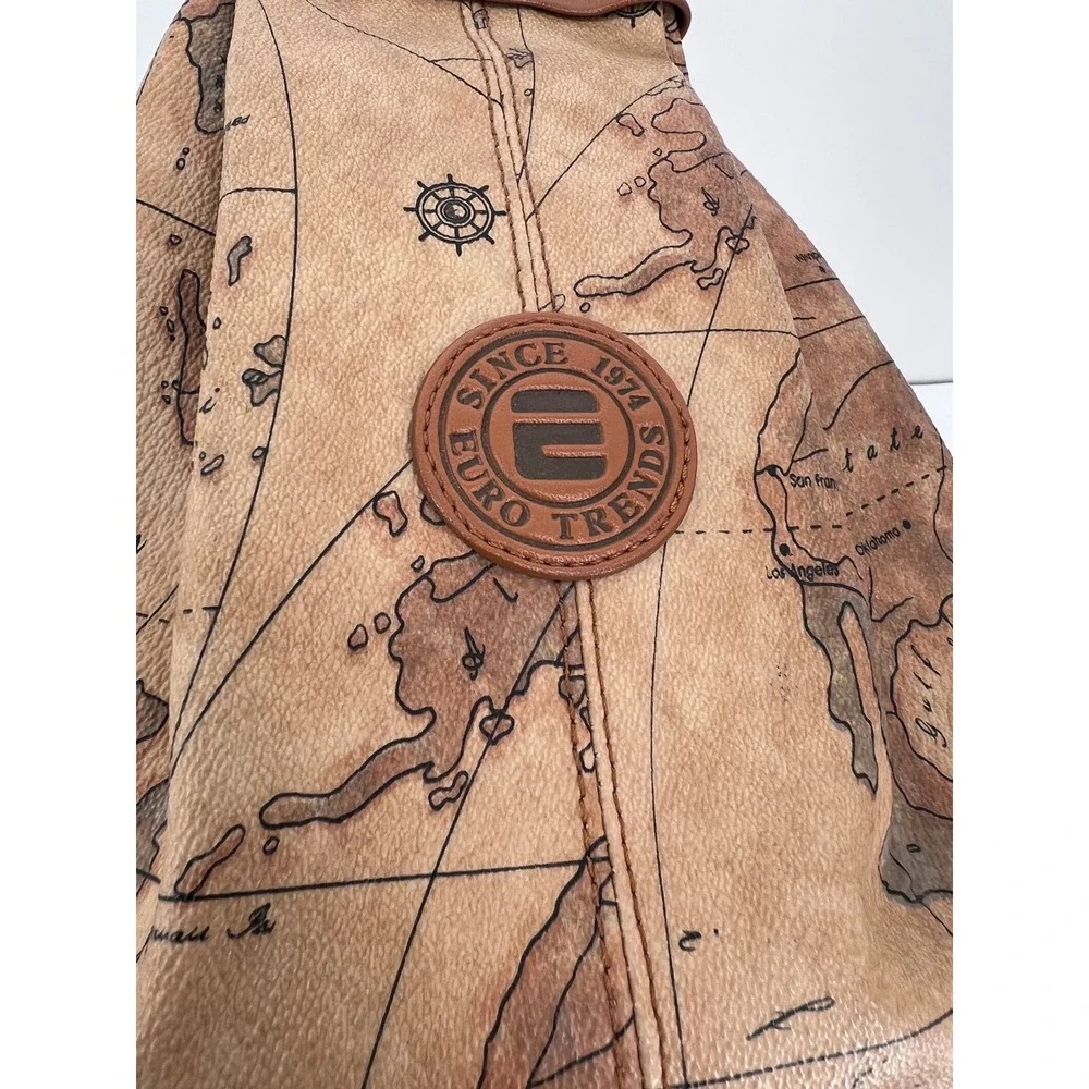 Euro Trends World Map Print Sling Backpack Brown Faux Leather‎ Travel Bag